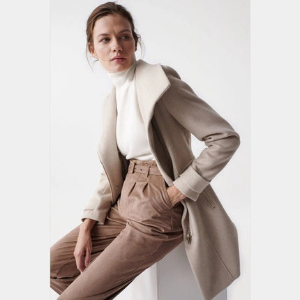 SALSA JEANS WOMENS WOOLLEN GRACE COAT WITH FUR COLLAR LIGHT BEIGE