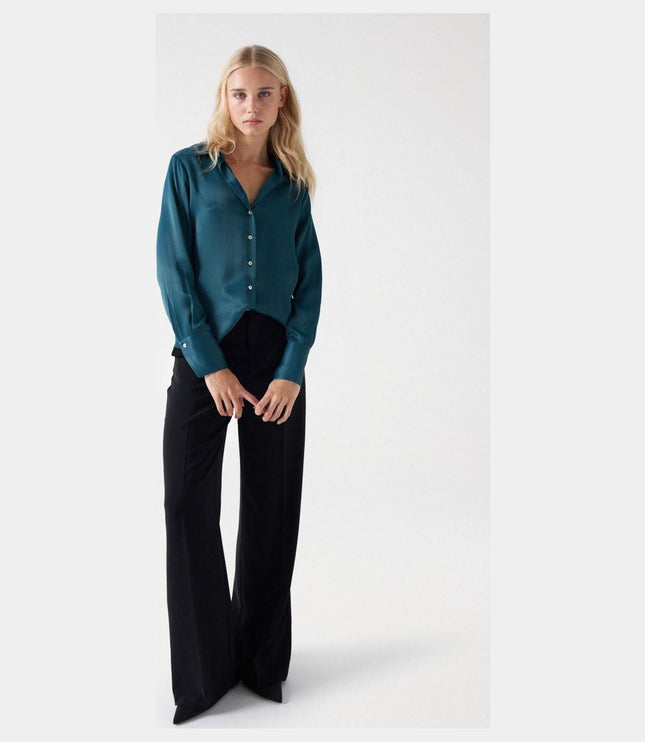 SALSA JEANS WOMENS SATIN-FEEL SHIRT DARK GREEN