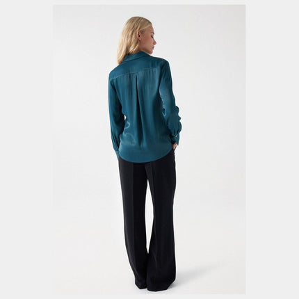 SALSA JEANS WOMENS SATIN-FEEL SHIRT DARK GREEN