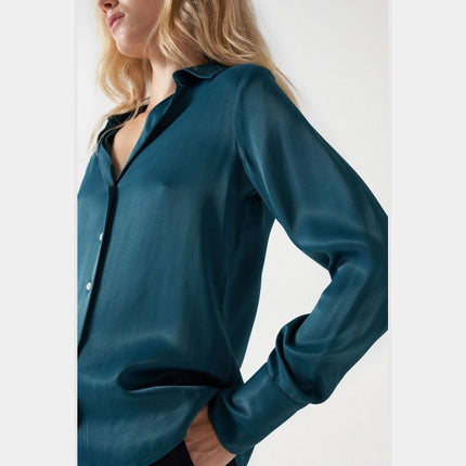 SALSA JEANS WOMENS SATIN-FEEL SHIRT DARK GREEN