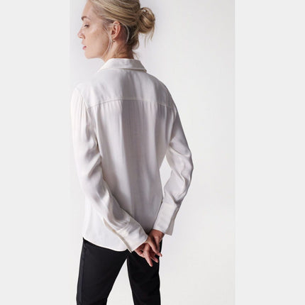 SALSA JEANS WOMENS SATIN-FEEL SHIRT WHITE PEARL