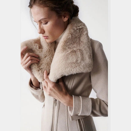 SALSA JEANS WOMENS WOOLLEN GRACE COAT WITH FUR COLLAR LIGHT BEIGE